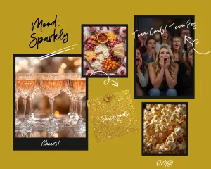 Golden Bachelor photo inspiration collage—cheers, snacks, and laughter