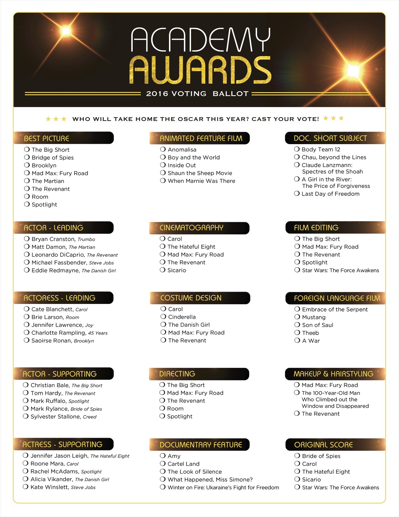 Download the official Oscar ballot before the Academy Awards