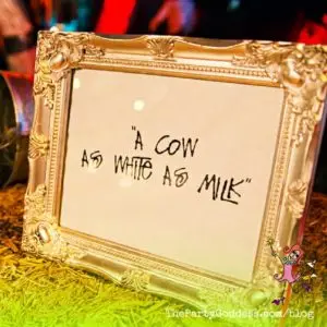 7 Into The Woods Themed Halloween Party Ideas! Ready for Halloween? The Party Goddess, LA's best full service event planner, has ridiculously fab Halloween party ideas inspired from the Disney movie! Check it out at https://thepartygoddess.com/7-into-the-woods-themed-halloween-party-ideas #halloweenparty #halloween #intothewoods @maiasphoto @Disney - cow as white as milk sign image