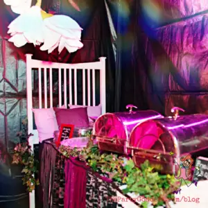 Follow Alice In Wonderland Down The Rabbit Hole! Planning a party? The Party Goddess, LA's best full service event planner, shares ridiculously fab Halloween party ideas with an Alice In Wonderland twist! @maiasphoto #aliceinwonderland #halloween #halloweenparty - bed buffet image