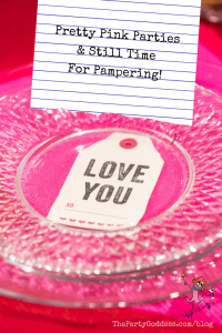 Pinterest title image - clear plate on pink tablecloth with "love you" on tag under plate