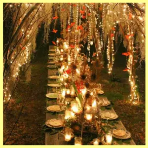 Spring Centerpieces Beyond Floral Arrangements! - outdoor tablescape with lights