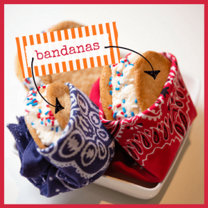 Picnics, BBQ & Boozy Menus For Memorial Day! - homemade ice cream cookie sandwiches srapped in red and blue bandanas