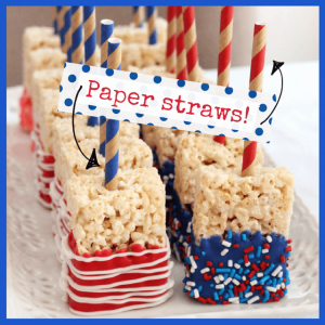 Picnics, BBQ & Boozy Menus For Memorial Day! - rice krispie treats dipped in red white and blue with paper straw sticks
