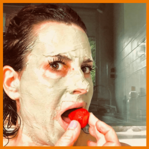 Snarky Time: August Fun In Review! - Marley with a facial mask eating a strawberry