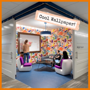 Cool Office Makeovers For Home & Businesses! - patterned wallpaper in office