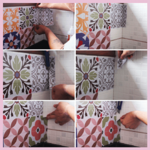 New Life Hacks To Keep Your Home Organized! - patterned contact sheet squares being placed over a kitchen tile backsplash