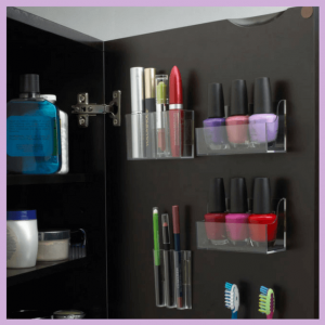 New Life Hacks To Keep Your Home Organized! - the inside of a medicine cabinet with plastic caddies on the door