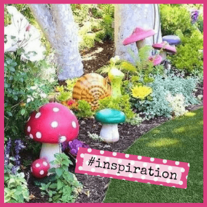 Crystal & Faerie Garden Party Ideas For Kids! - mushroom sculptures in a garden
