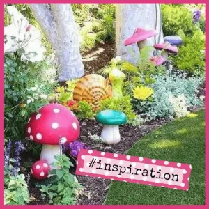 Crystal & Faerie Garden Party Ideas For Kids! - mushroom sculptures in a garden