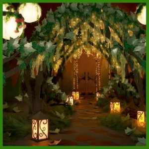 Crystal & Faerie Garden Party Ideas For Kids! - dramatic entrance to a home with ivy and lanterns
