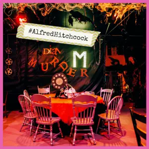 Spooky Alfred Hitchcock Halloween Party Ideas - Dial "M" for Murder table set up