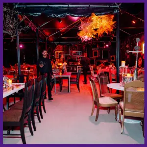 Spooky Alfred Hitchcock Halloween Party Ideas - tables set up for Halloween party