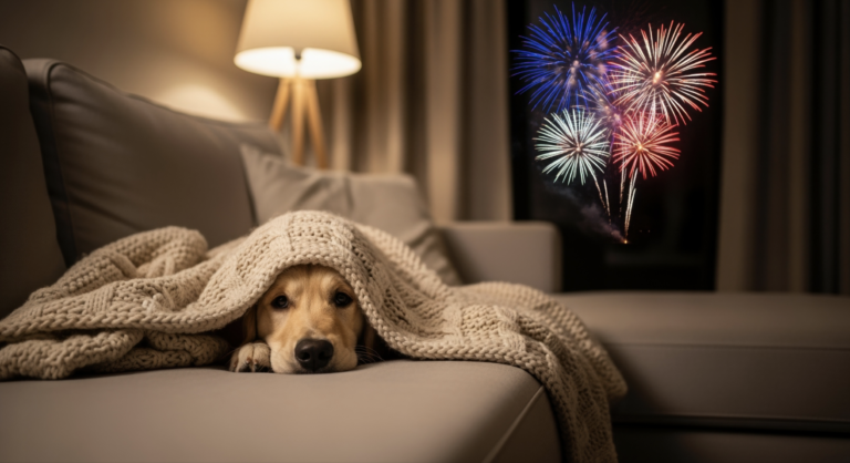 Dog hiding under a blanket with fireworks going off in the background.